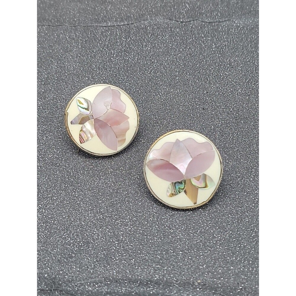 Vtg Abalone Flower Earrings Pierced Inlaid Pink Large